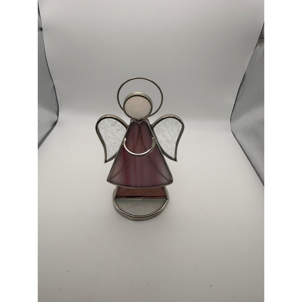 Vintage GHS Inc Stained Glass Angel Figurine Pink Slag Glass Tea Light Holder